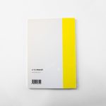 Back of Artes Mundi 6 catalogue, white with a thick yellow band along the spine, a barcode is in the left bottom corner with the Artes Mundi logo above.