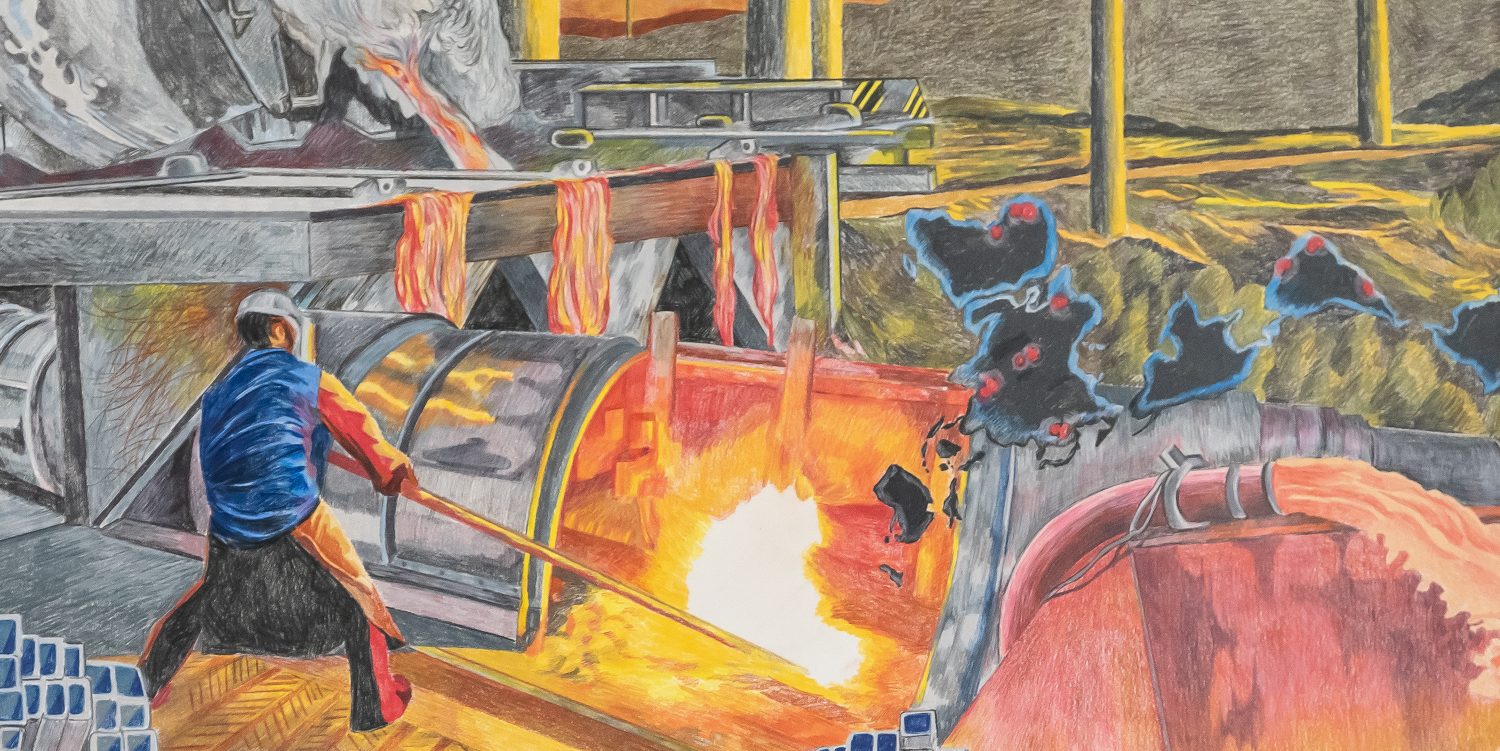 A coloured pencil drawing of a man working at an aluminium extraction plant.