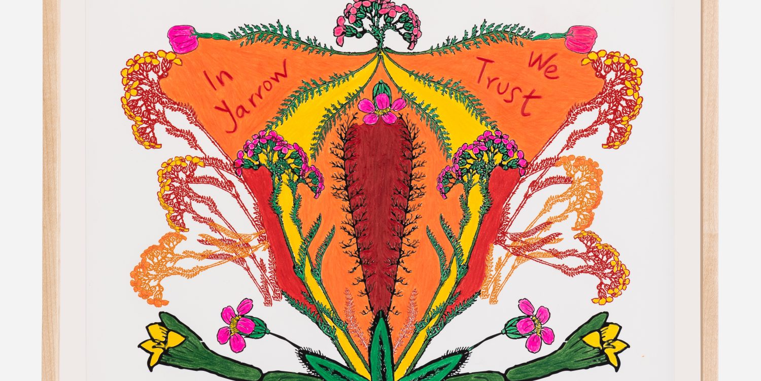 A colourful painting of plants and herbs in the shape of a uterus that also reads ‘In Yarrow We Trust’.