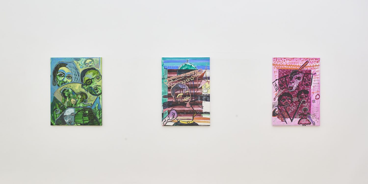 Three brightly coloured paintings by Mounira Al Solh are hung in a row on a white exhibition wall.
